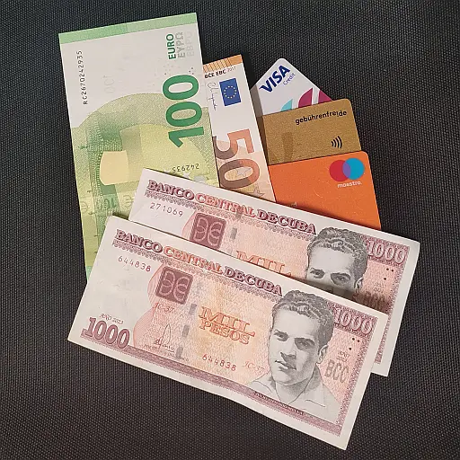 Euro Geldscheine, Peso und Kreditkarten. Bargeld oder Kreditkarte auf Kuba? Was gehört in die Reisekasse und worauf muss ich bei einer Kreditkarte für Kuba achten.